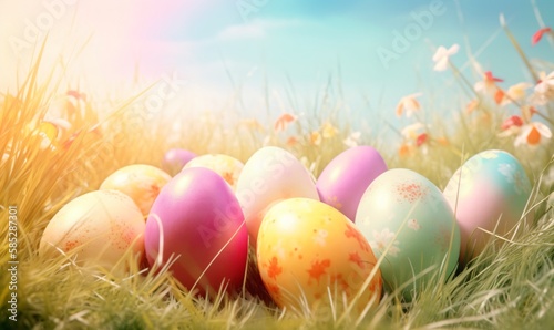 Colorful easter eggs on the spring background
