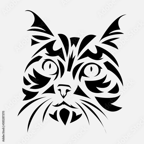 black and white portrait of cat face with tribal tattoo style. isolated white background. flat vector illustration.