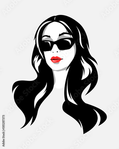 portrait of a beauty girl with long wavy hair and wear sunglasses. isolated white background. vector monochrome illustration.