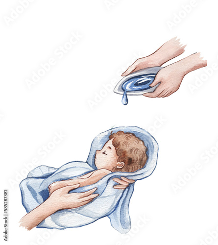 Watercolor Illustration of a Little baby Going Through a Catholic Baptism. Christening, church. Design for invitation, cards