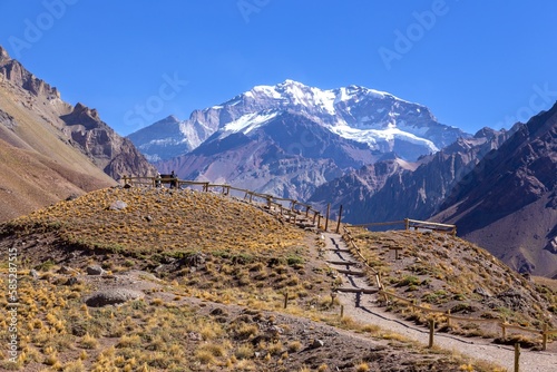 Mount Aconcagua Viewpoint Landscape, Highest Mountain Peak in The Americas and Southern Hemisphere.  Scenic Horcones Climbing Route west of Mendoza, Argentina