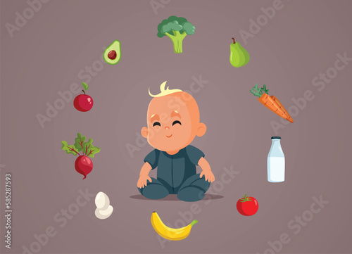 Baby Having a Healthy and Nutritious Diet Vector Cartoon Illustration. Funny little infant having diverse and balanced nutritional habits 
