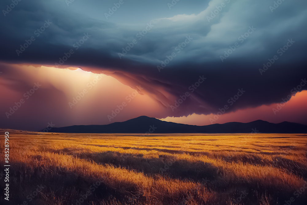Fototapeta premium sunrise over the field and mountains with cloud and wind