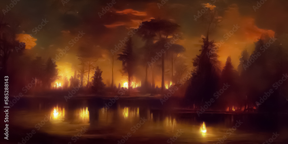 forest fire. panorama view. forest burning rapidly and destroyed, silhouette, natural calamity
