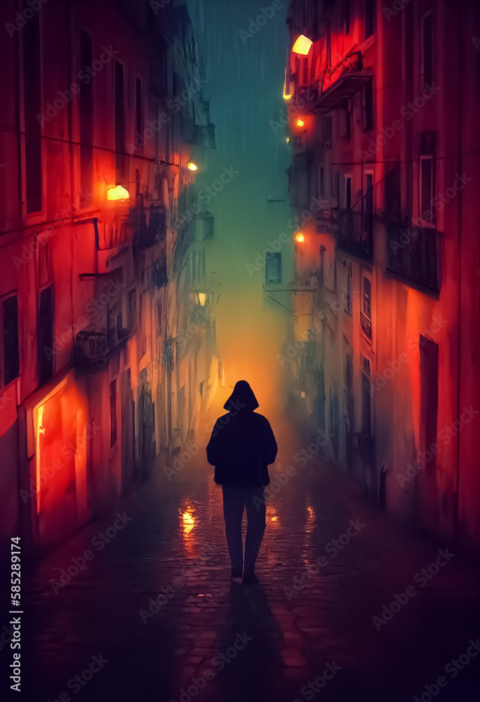 Hooded man with umbrella walking in futuristic city. Rainy cityscape. Cyberpunk, neon buildings. Lonely, sad feeling. Empty streets. Digital painting of dystopian future.