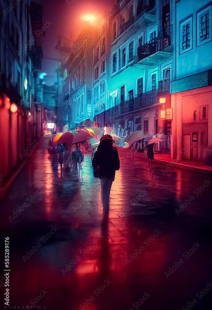 Hooded girl with umbrella walking in futuristic city. Rainy cityscape. Cyberpunk, neon buildings. Lonely, sad feeling. Empty streets. Digital painting of dystopian future.