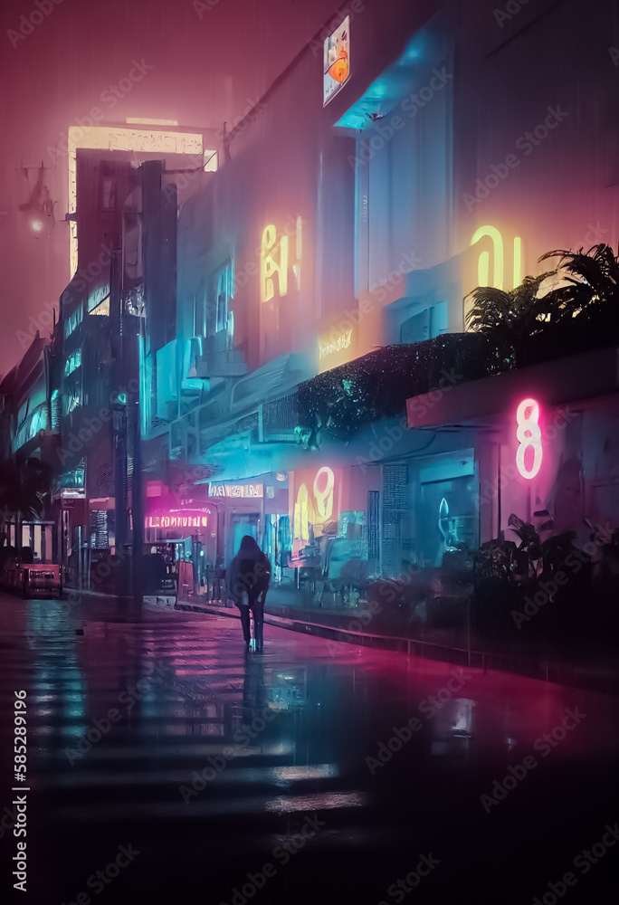 cyberpunk city at night lights people neon light