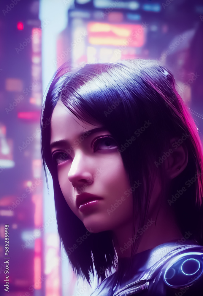 cyberpunk girl in city. Futuristic city. Fictional portrait of a sci-fi cyberpunk girl. High-tech futuristic woman from the future. The concept of virtual reality and cyberpunk. cyberpunk girl in city. Futuristic city. Fictional portrait of a sci-fi cyberpunk girl. High-tech futuristic woman from the future. The concept of virtual reality and cyberpunk.