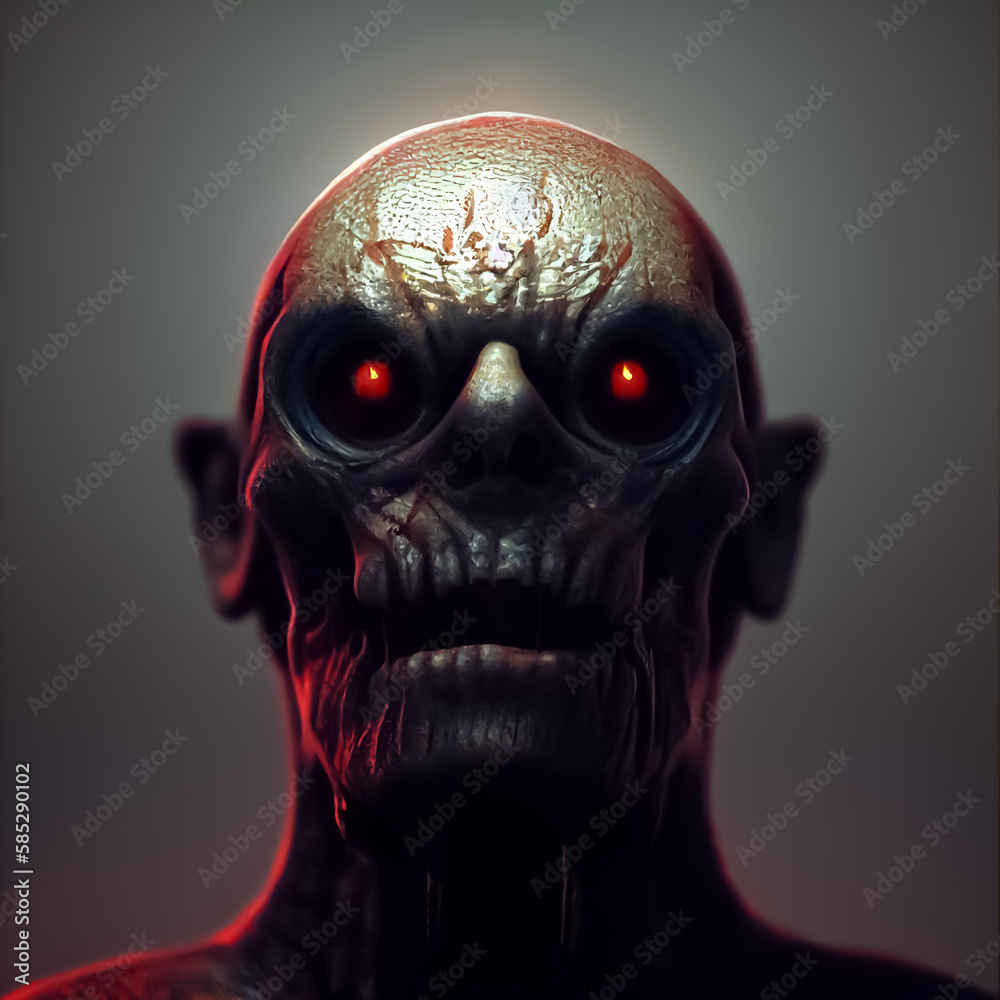 devil with bald head and scary red eyes on black background