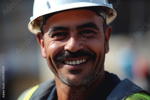 A construction worker in a hard hat with a big smile on his face as he works on a building site white hat