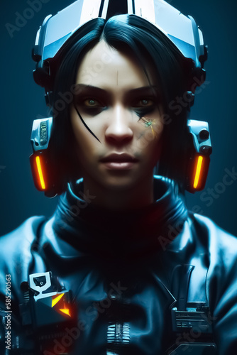 Game, virtual reality. A courageous cyberpunk girl warrior stands with a gun in her hands against the backdrop of the night city of the future. Cyberpunk concept.