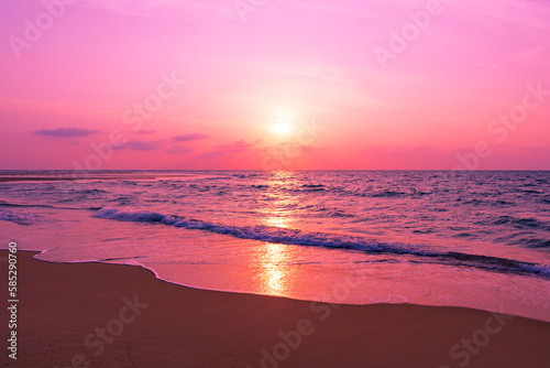 Fototapeta Naklejka Na Ścianę i Meble -  Sunset or sunrise sky clouds over sea sunlight in Phuket Thailand, Amazing waves crashing on sandy shore, Beautiful nature landscape seascape Colorful sky background