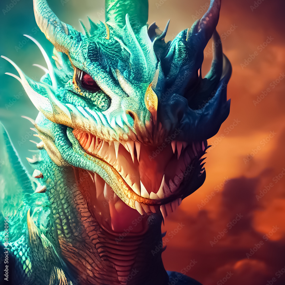 Fototapeta premium chinese green dragon statue. scary dragon monster close-up in the sky