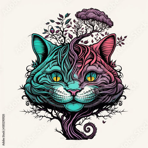 Teal and Purple Cheshire Cat with Tree Roots for a Face

