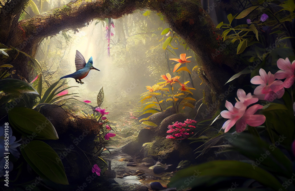 Beautiful nature scene with birds chirping around the forest trees