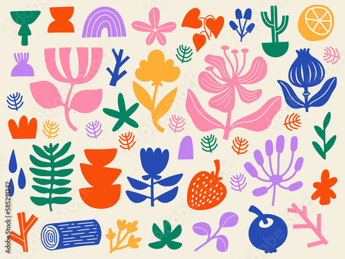 Abstract set shape color plant natural hand drawn vector illustrations