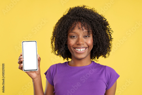 Afro woman smiling at the camera holding a mobile