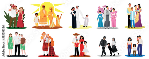 Group of families of different nationalities on white background
