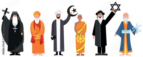 Group of priests of different religions on white background