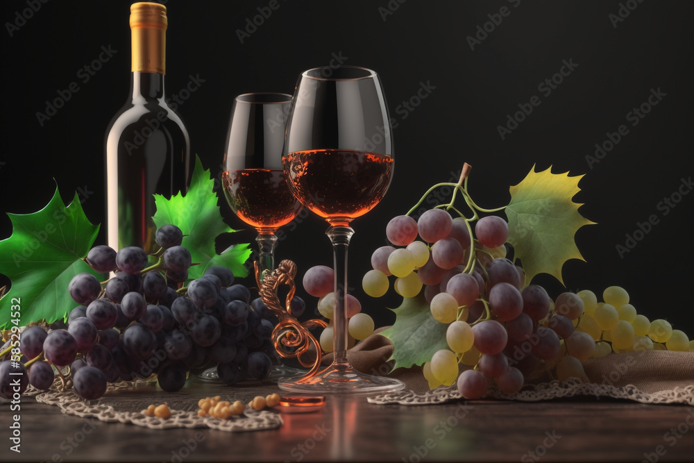 Wine and grapes on the table, Generative AI