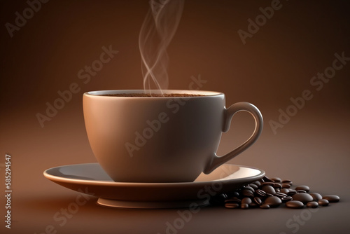 A warm cup of coffee on a brown background, Generative AI