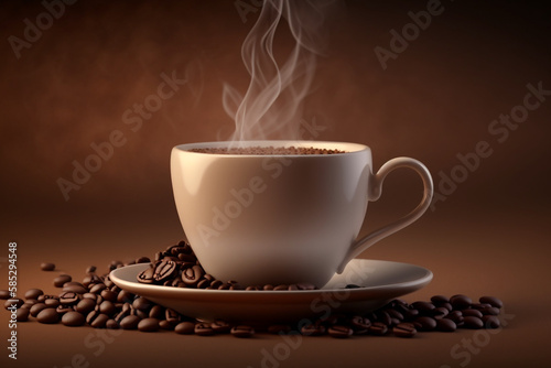 warm cup of coffee on a brown background, Generative AI