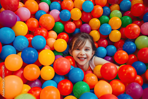 a young woman with colorful plastic balls playground. AI generative image.