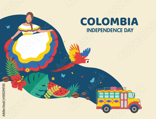 VECTORS. Editable banner for Colombia Independence Day and patriotic events. Chicken bus, national symbols, festival, party, tradition, traditional clothing
