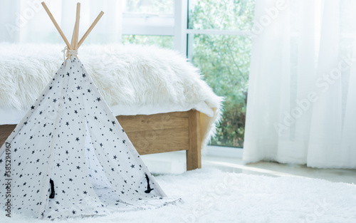 Interior of cozy and comfortable bedroom at home, house or condominium in brighten day with decoration of mini tent for pet. Lifestyle, Investment, Loan, Real Estate Concept.