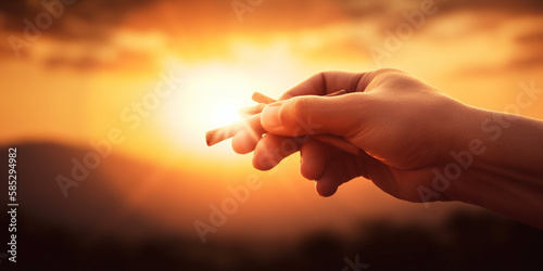 God's helping hand and cross on sunset background Generative AI