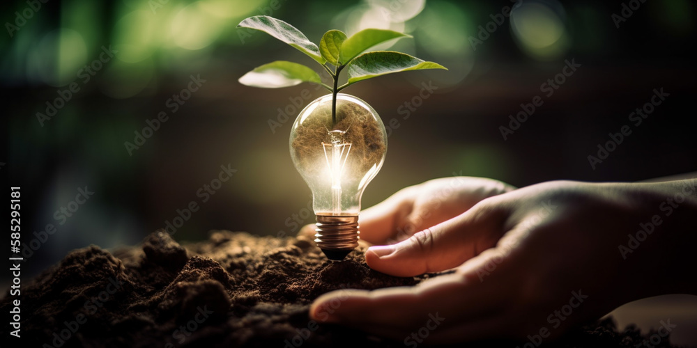 Hand holding light bulb with power plug and show trees, renewable energy icons with sustainable development. Generative AI