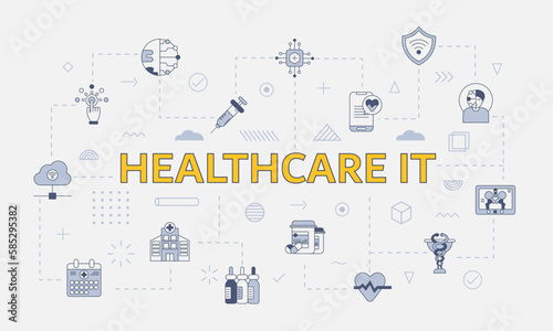 healthcare it technology information concept with icon set with big word or text on center