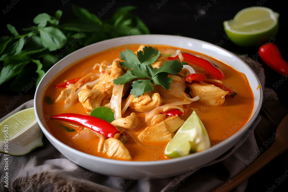 Thai Panang Chicken Curry is a rich, creamy and aromatic dish that is beloved in Thailand and around the world. Tasty dinner with chicken curry in bowl generated by Ai Thai Panang Chicken Curry is a rich, creamy and aromatic dish that is beloved in Thailand and around the world. Tasty dinner with chicken curry in bowl generated by Ai