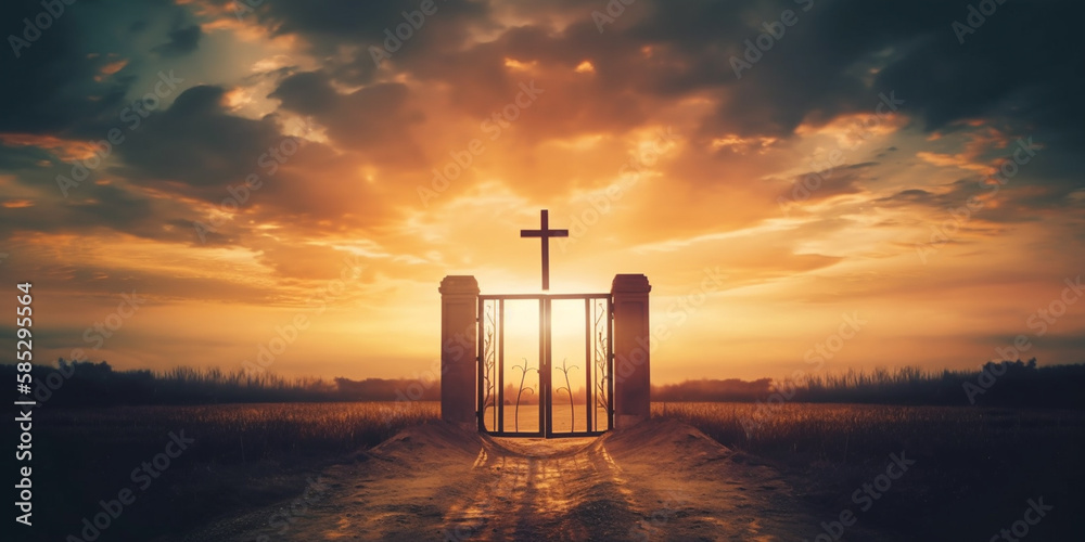Gate to heaven on cross sunset background Generative AI