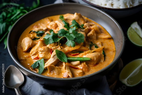 Thai Panang Chicken Curry is a rich, creamy and aromatic dish that is beloved in Thailand and around the world. Tasty dinner with chicken curry in bowl generated by Ai