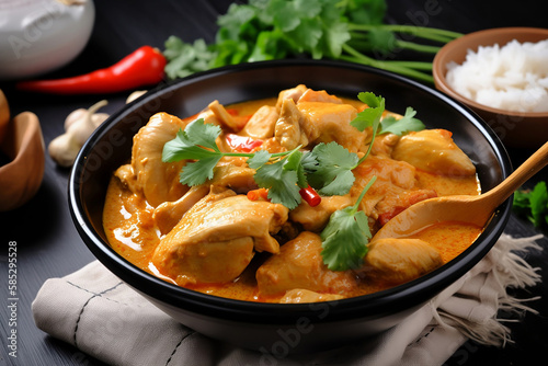 Thai Panang Chicken Curry is a rich, creamy and aromatic dish that is beloved in Thailand and around the world. Tasty dinner with chicken curry in bowl generated by Ai