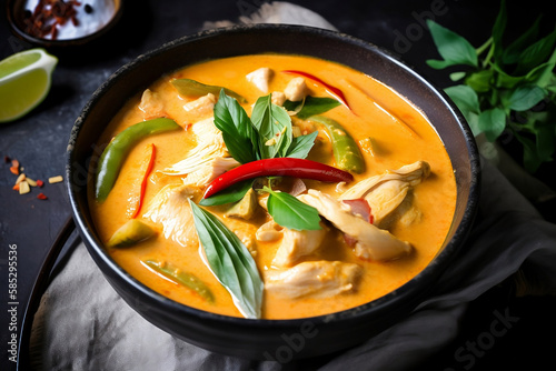 Thai Panang Chicken Curry is a rich, creamy and aromatic dish that is beloved in Thailand and around the world. Tasty dinner with chicken curry in bowl generated by Ai photo