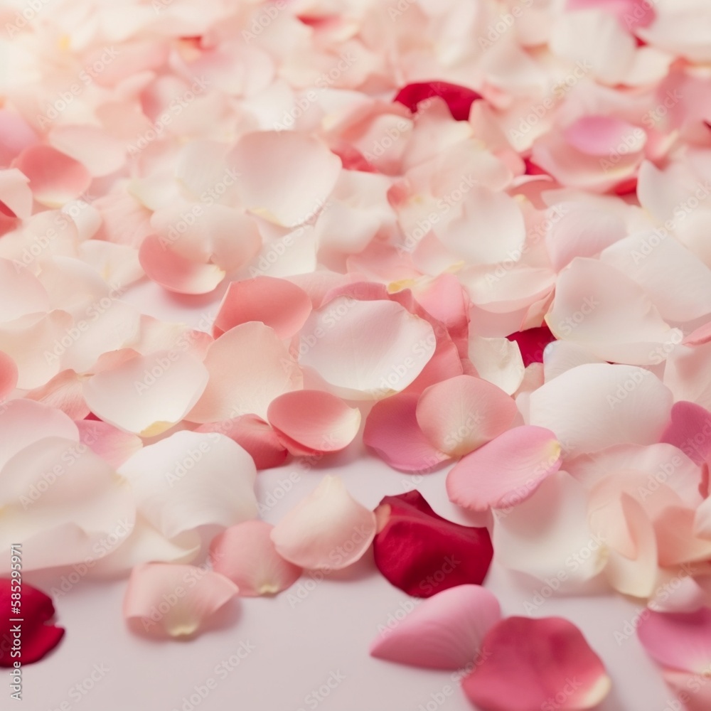 バラの花びらと花のクローズアップ背景。ロマンチックな休日の構図GenerativeAI