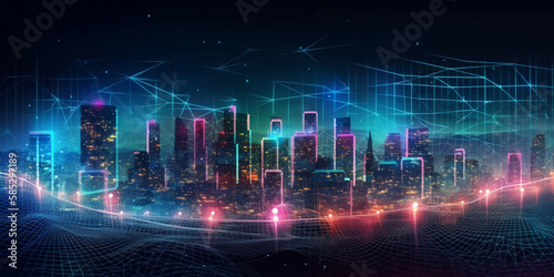 Smart city dot point connect with gradient grid line, connection technology metaverse concept Generative AI