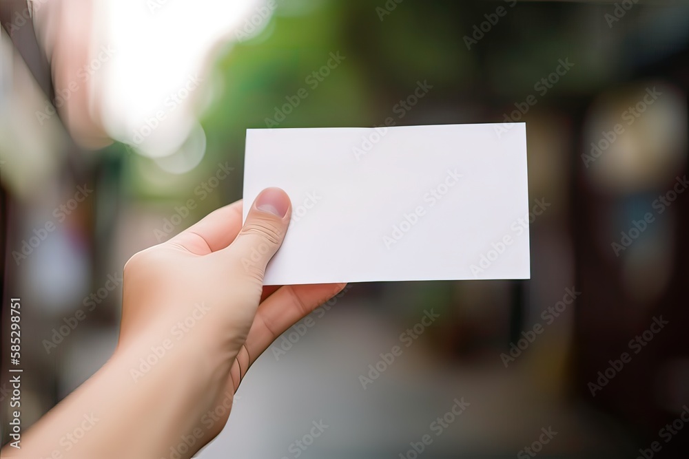 hand holds blank white paper with blurred background. free copy space. Generative Ai hand holds blank white paper with blurred background. free copy space. Generative Ai