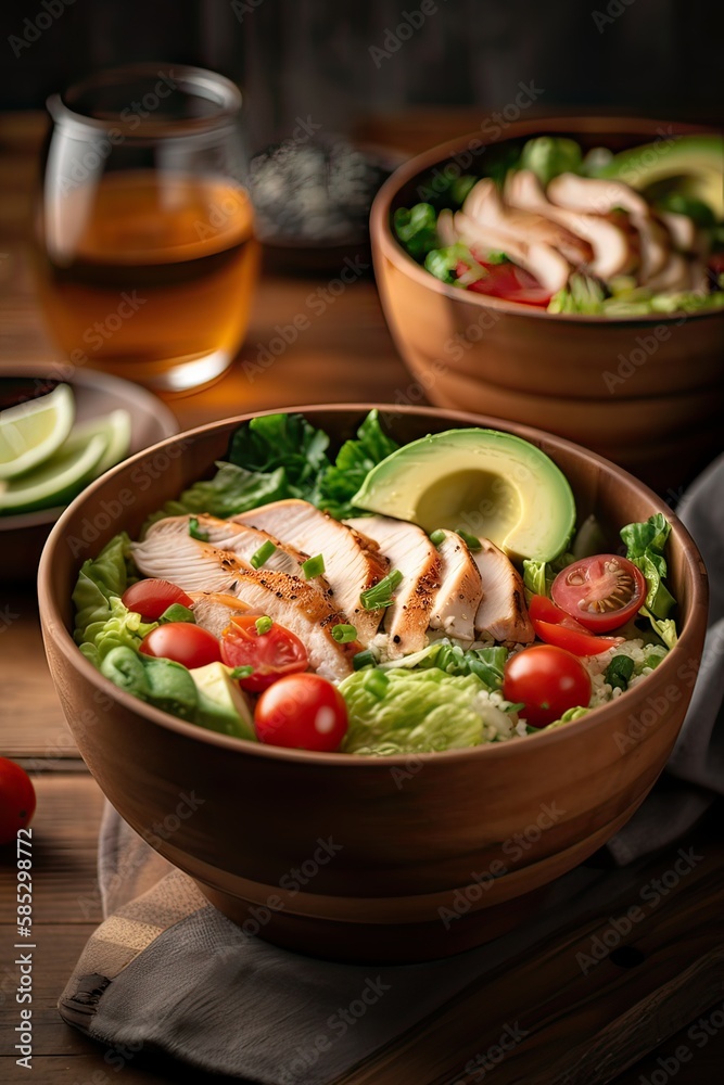 Healthy salad bowl with quinoa, tomatoes, chicken, avocado, lime and mixed greens, lettuce, parsley on wooden background top view. Food and health. Generative Ai.