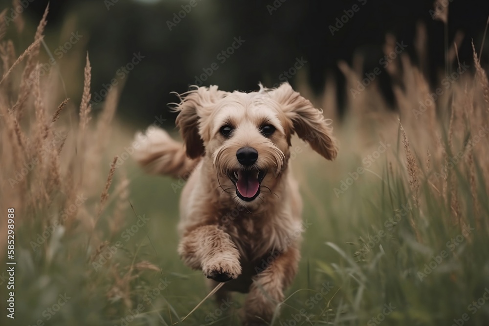 Fluffy Dog Running in Spring Park. Cute Background for Fun and Sunny Days