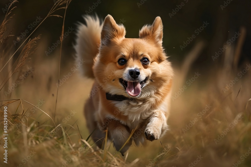 Fluffy Dog Running in Spring Park. Cute Background for Fun and Sunny Days Fluffy Dog Running in Spring Park. Cute Background for Fun and Sunny Days