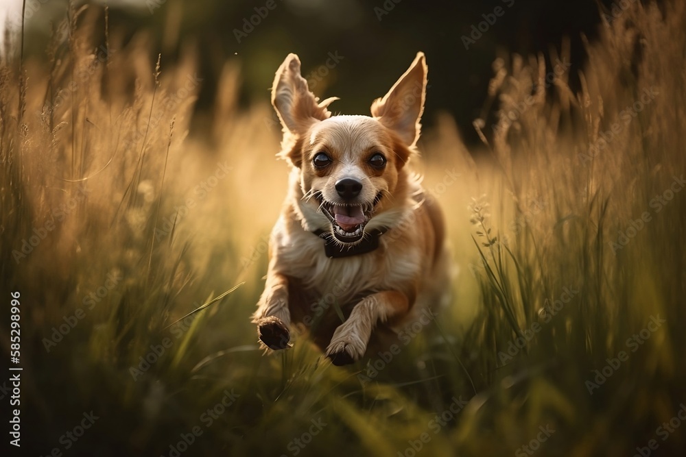 Fluffy Dog Running in Spring Park. Cute Background for Fun and Sunny Days