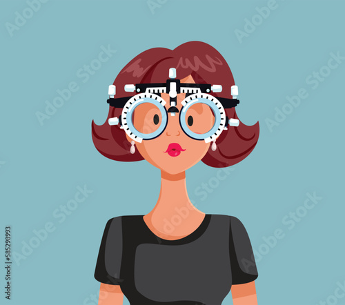 Optical Patient at Eye Check Consult Wearing a Trial Frame. Woman being diagnosed during optometry measurements in ophthalmology clinic 
