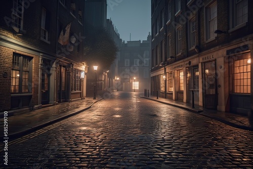 night city view traditional timber framed buildings on both sides of cobblestone street in old town. Generative Ai.