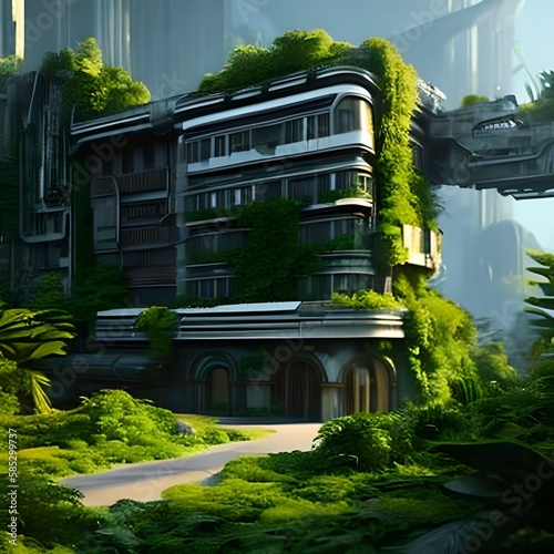 A 3D minimal art of architecture where a building is covered in vegetation in a dystopian era.