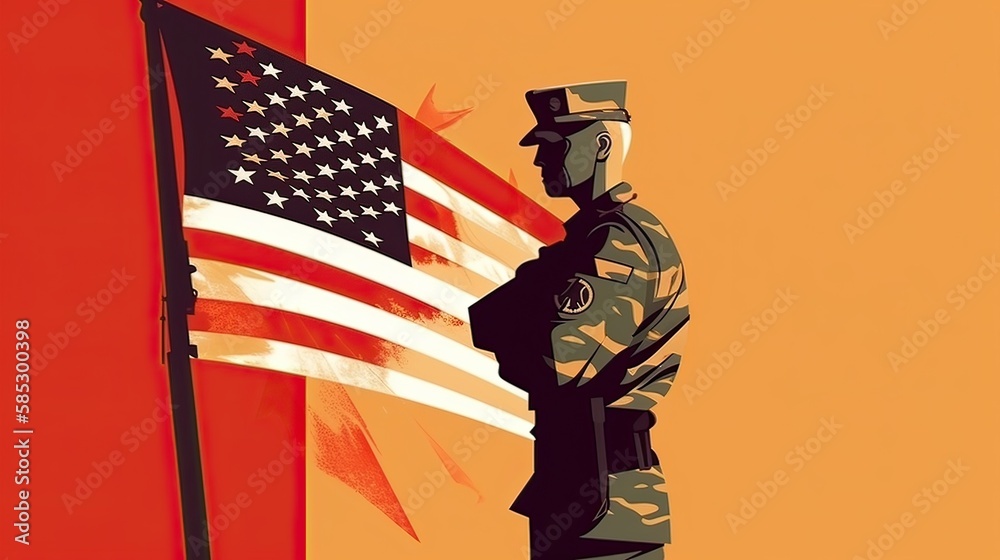 illustration of USA army soldier with nation flag. Greeting card for Veterans Day , Memorial Day, Independence Day . America celebration. Generative Ai. illustration of USA army soldier with nation flag. Greeting card for Veterans Day , Memorial Day, Independence Day . America celebration. Generative Ai.