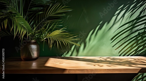wooden table for show product display and presentation, summer and palm leaves background, copy space. Generative Ai.