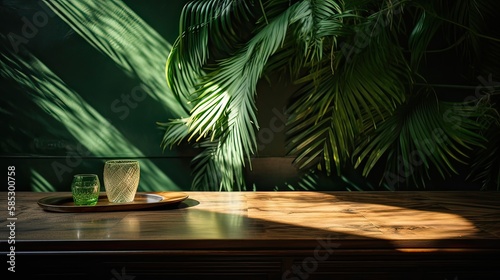 wooden table for show product display and presentation  summer and palm leaves background  copy space. Generative Ai.